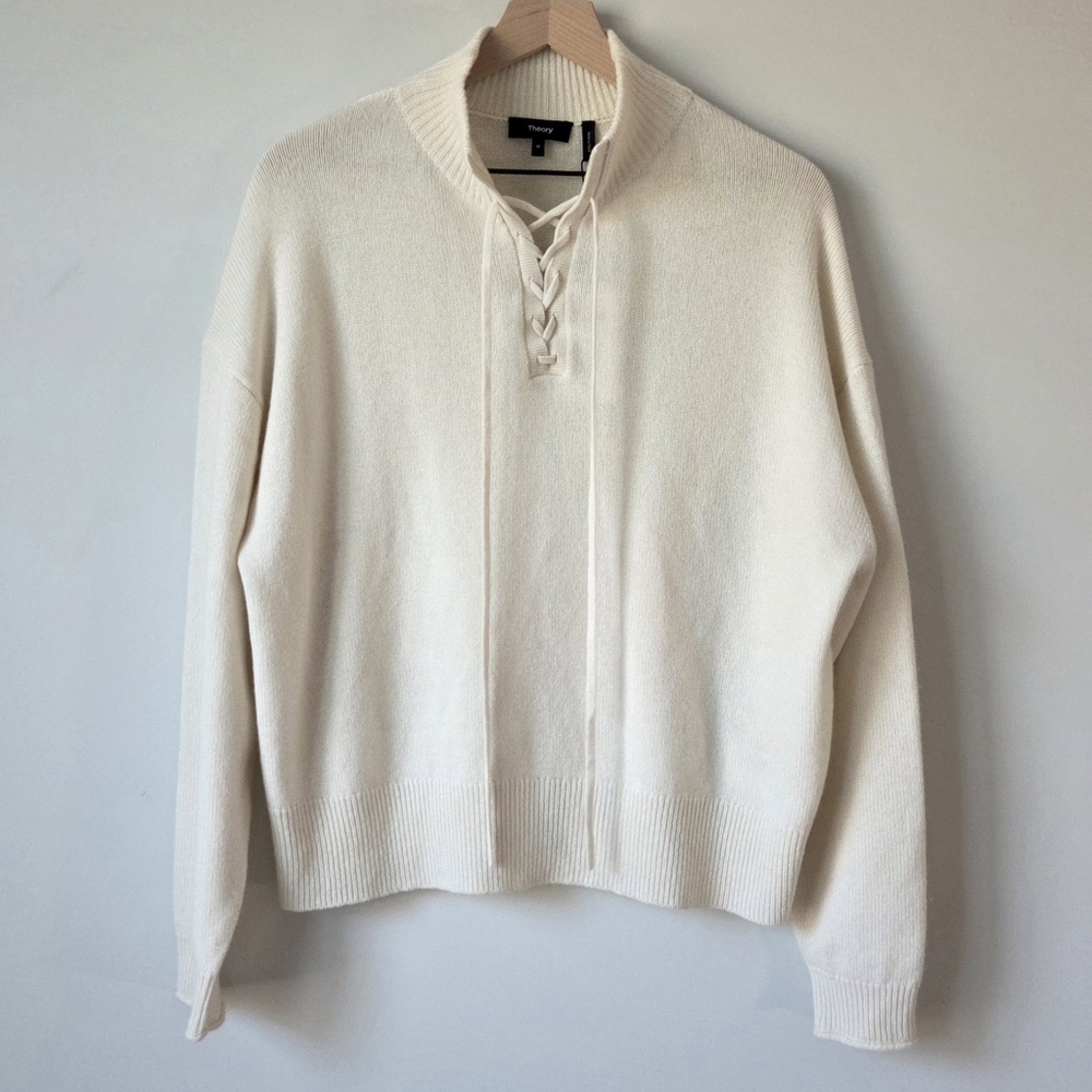 Theory Ivory Cashmere Lace Up Mock Neck Sweater Womens Size Medium